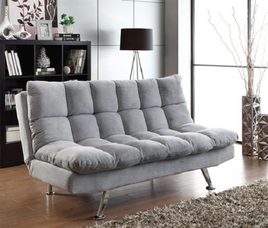 Grey sofa in front of carpet